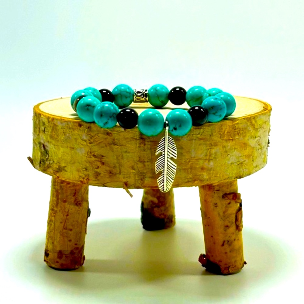 Handmade Feather Charm Bracelet With Natural Obsidian & Turquoise Stones!